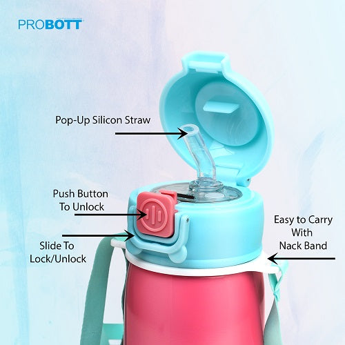 Probott Cutie 320ml Stainless Steel Hot & Cold Sipper Water Bottle for Kids, Pink| Double Walled Vacuum Flask |Push Button With Locking System