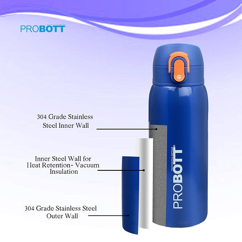 Probott Little 230ml Thermoses Vacuum Insulated Flask, Stainless Steel Water Bottle for Kids, Dark Blue | One-Click-Open Leak-Proof Locking Flip Lid