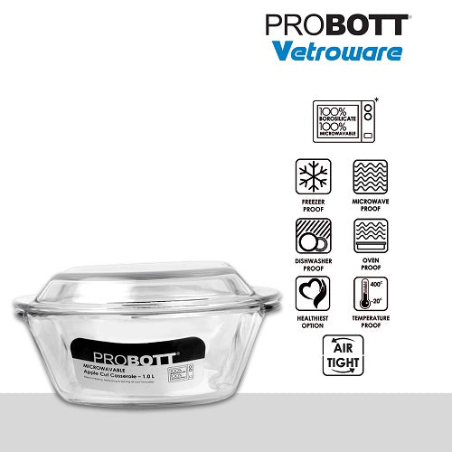 PROBOTT Vetroware Borosilicate Glass Casserole for Roti Chapati Rice, Curry Serve Deep Round Oven And Microwave Safe Serving Bowl With Glass Lid PV Apple Cut Casserole_1Ltr