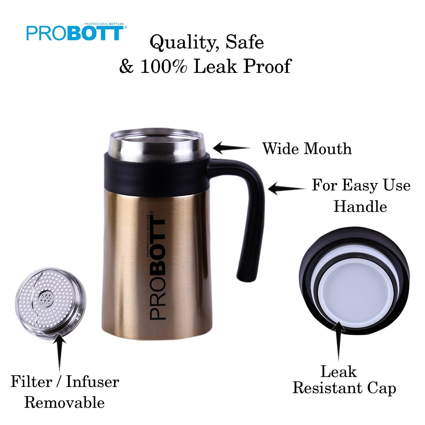 Probott Jazz 520ml Gold Vacuum Insulated Mug Stainless Steel Coffee Flask, Travel Flask