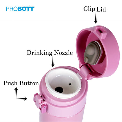 Probott Gliter 300 ml Travel Flask, Pink | Thermoses Hot or Cold Vacuum Insulated Stainless Steel | Flip Top Cap