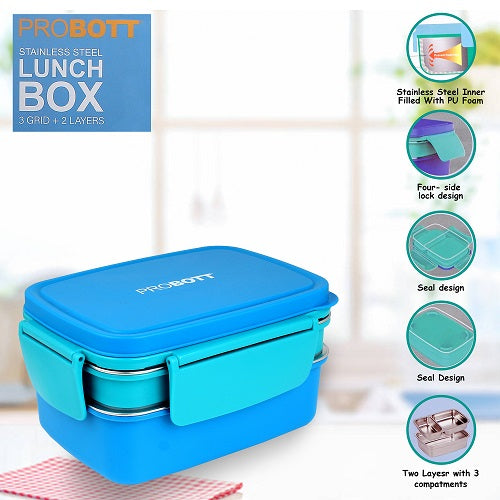 PROBOTT Double Decker 1300ml Stainless Steel Lunch Box, 2 Layers with 3 Grid, 1 Spoon Tiffin Box, Lid Made with Heavy Quality PP Material Perfect for School, Office Use | Sky Blue