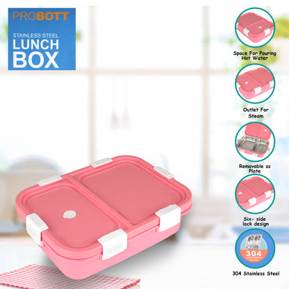 PROBOTT Snaplock 750 ml Stainless Steel Lunch Box, 2 Grid BPA Free Tiffin Box, Perfect for School, Office, Travel, Picnic | Pink