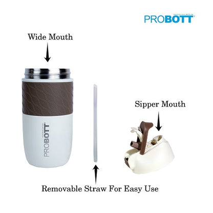 Probott Pluto 520ml Vacuum Insulated Flask Bottle, Stainless Steel Hot and Cold Water Bottles, White