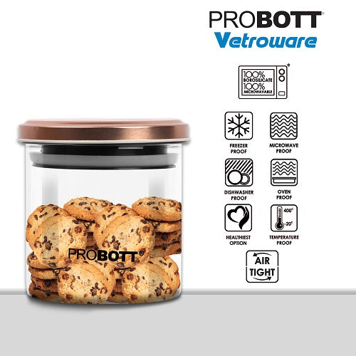 PROBOTT Vetroware 500ml Glass Round Jar Container with Metal Golden Color Air Tight Cap