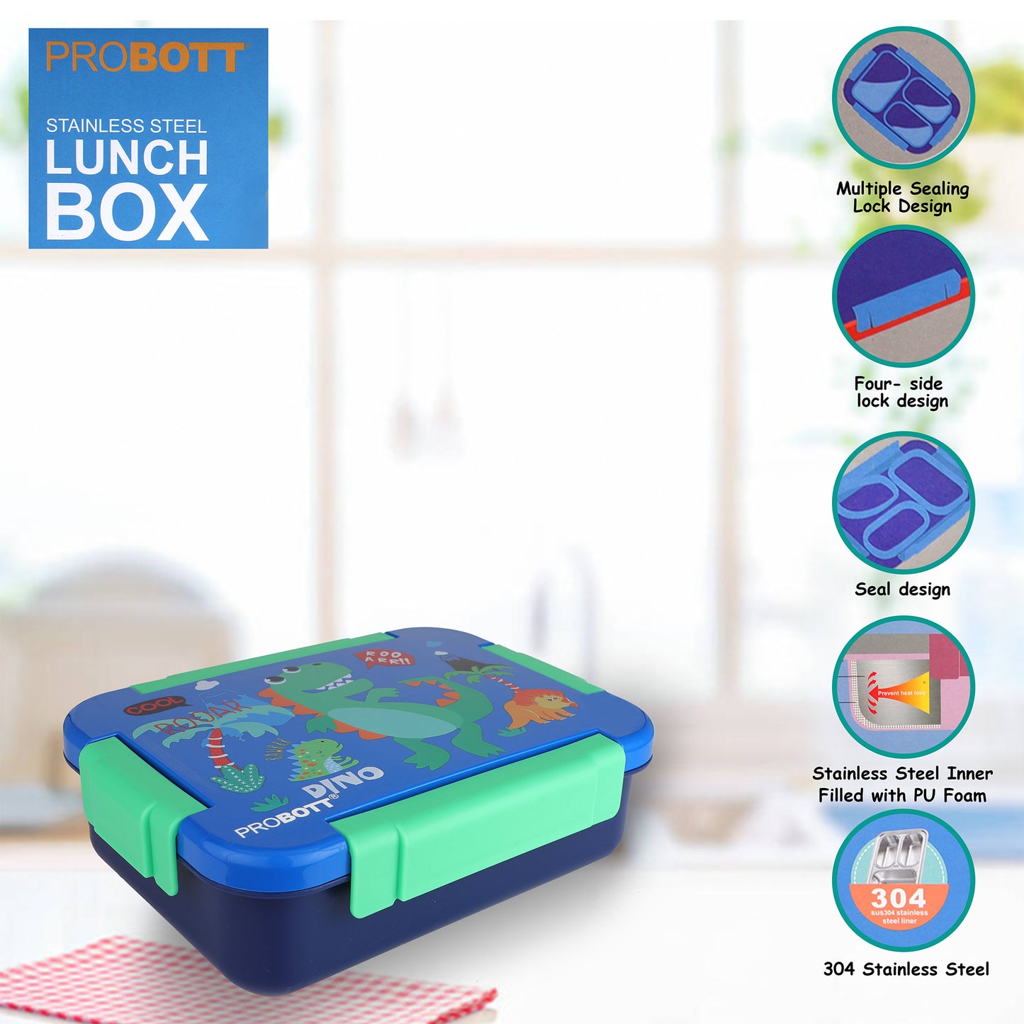 PROBOTT Lunch On 710 ml Stainless Steel Lunch Box, 3 Grid Tiffin Box, Character Lid PP Material Perfect for School, Office, Travel, Picnic | Blue+Dark Blue