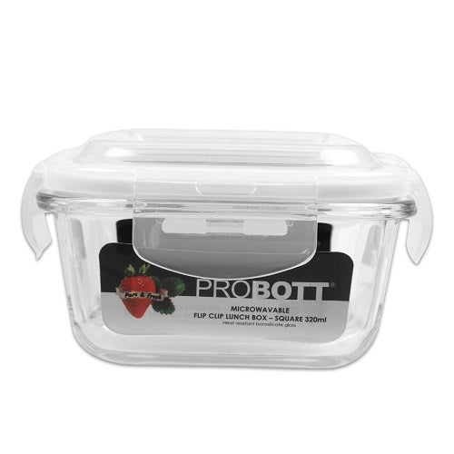 PROBOTT Vetroware Borosilicate Flip Clip Lunch Box Square Shape Set with Standing Bag, 320ml+320ml+320ml, 3-Pieces, Transparent PV 333-S_Blue Bag