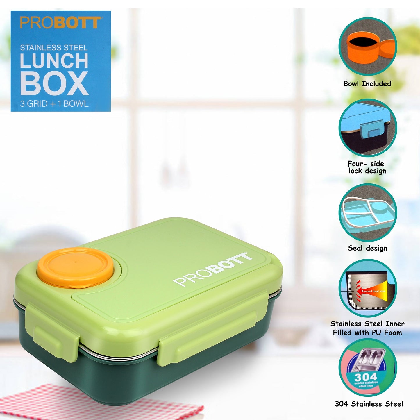 PROBOTT Fun Time 750ml Stainless Steel Lunch Box, 3 Grid with 1 Bowl Tiffin Box, Perfect for School, Office Use | Green