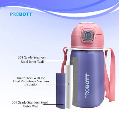 Probott Cutie 320ml Stainless Steel Hot & Cold Sipper Water Bottle for Kids, Purple| Double Walled Vacuum Flask |Push Button With Locking System