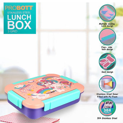 PROBOTT Lunch On 710ml Stainless Steel Lunch Box, 3 Grid Tiffin Box, Character Lid Made with Heavy Quality PP Material Perfect for School, Office Use | Orange + Purple