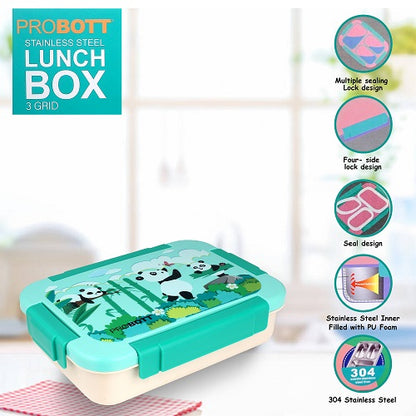 PROBOTT Lunch On 710ml Stainless Steel Lunch Box, 3 Grid Tiffin Box, Character Lid Made with Heavy Quality PP Material Perfect for School, Office Use | Aqua Blue+Cream