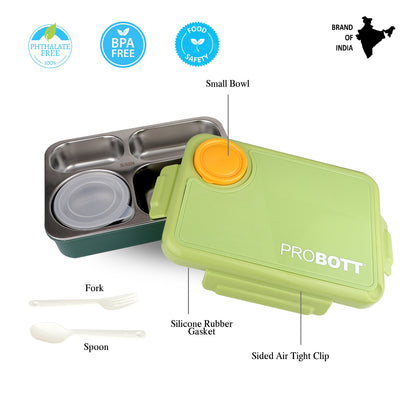 PROBOTT Fun Time 900ml Stainless Steel Lunch Box, 4 Grid with 2 Bowl Tiffin Box, Perfect for School, Office Use | Green