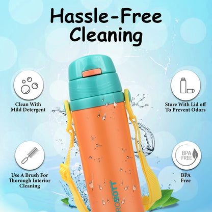 Probott Tom 500ml Hot & Cold Vacuum Insulated Flask Sipper Bottle with Straw & Strap for Kids, Orange