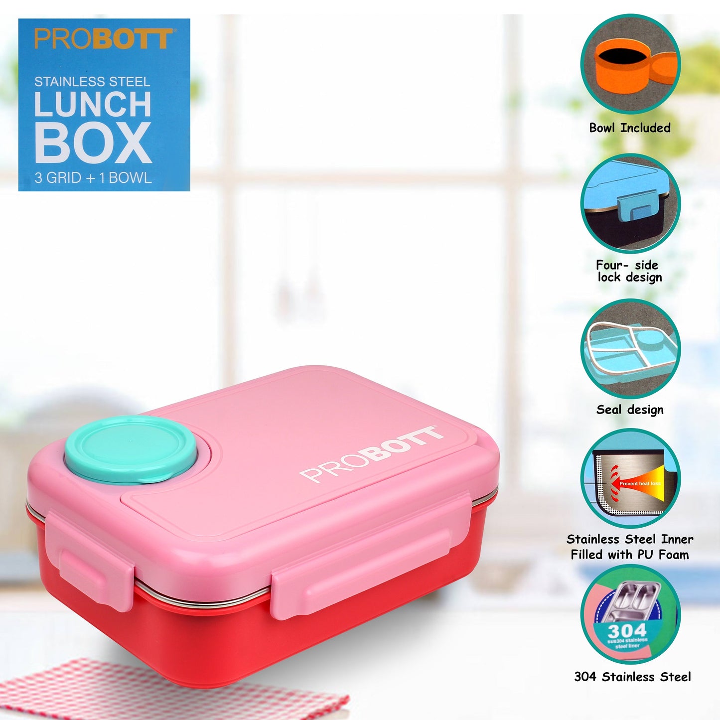 PROBOTT Fun Time 750ml Stainless Steel Lunch Box, 3 Grid with 1 Bowl Tiffin Box, Perfect for School, Office Use | Pink