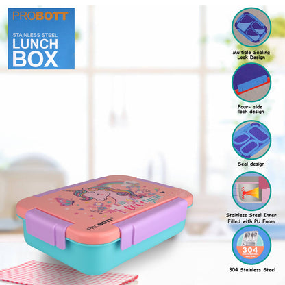 PROBOTT Lunch On 710 ml Stainless Steel Lunch Box, 3 Grid Tiffin Box, Character Lid PP Material Perfect for School, Office, Travel, Picnic | Orange+Sky Blue