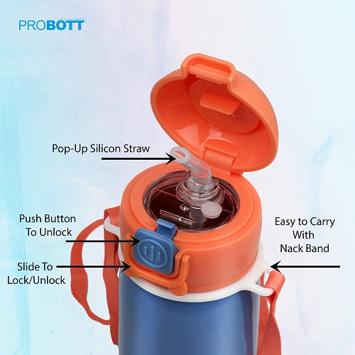 Probott Cutie 320ml Stainless Steel Hot & Cold Sipper Water Bottle for Kids, Blue| Double Walled Vacuum Flask |Push Button With Locking System