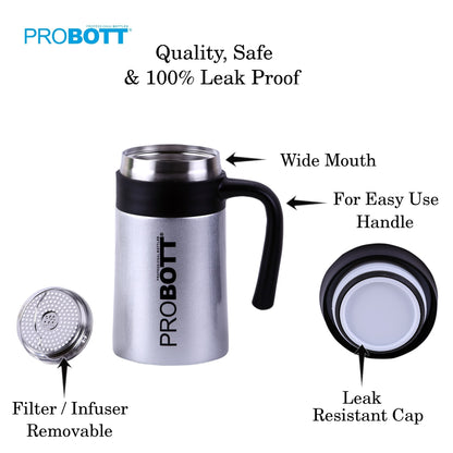 Probott Jazz 520ml Silver Vacuum Insulated Mug Stainless Steel Coffee Flask, Travel Flask