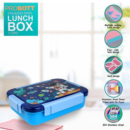 PROBOTT Lunch On 710ml Stainless Steel Lunch Box, 3 Grid Tiffin Box, Character Lid Made with Heavy Quality PP Material Perfect for School, Office Use | Dark Blue+Sky Blue