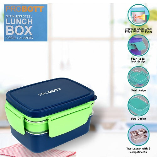 PROBOTT Double Decker 1300ml Stainless Steel Lunch Box, 2 Layers with 3 Grid, 1 Spoon Tiffin Box, Lid Made with Heavy Quality PP Material Perfect for School, Office Use | Blue