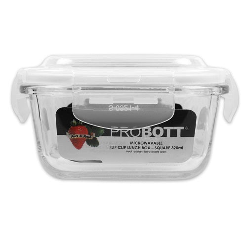 PROBOTT Vetroware Borosilicate Flip Clip Lunch Box Square Shape Set with Flat Bag, 320ml+320ml, 2-Pieces, Transparent PV 222-SF_Black Bag