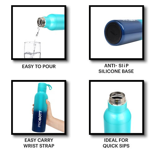 Probott Dream 500ml Stainless Steel Hot and Cold Water Bottle, Vacuum Insulated Flask Bottles, Dual Color Aqua Blue & Dark Blue