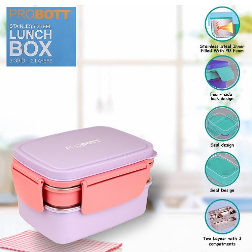 PROBOTT Double Decker 1300ml Stainless Steel Lunch Box, 2 Layers with 3 Grid, 1 Spoon Tiffin Box, Lid Made with Heavy Quality PP Material Perfect for School, Office Use | Light Purple