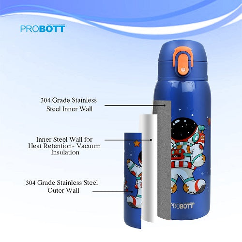 Probott Champ 230ml Thermoses Vacuum Insulated Flask, Stainless Steel Water Bottle for Kids, Dark Blue | One-Click-Open Leak-Proof Locking Flip Lid