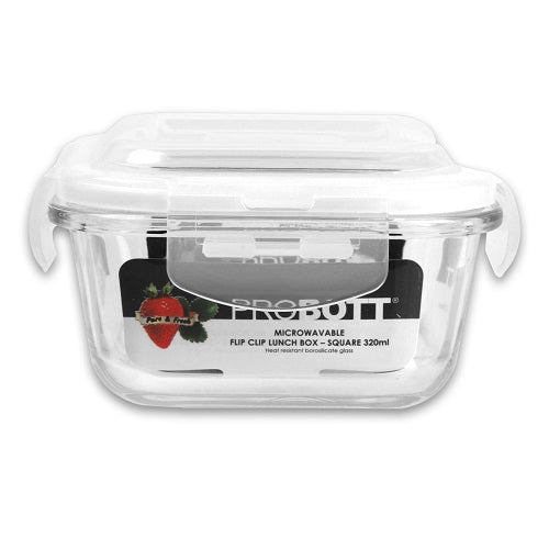 PROBOTT Vetroware Borosilicate Flip Clip Lunch Box Square Shape Set with Standing Bag, 320ml+320ml, 2-Pieces, Transparent PV 222-SS_Grey Bag