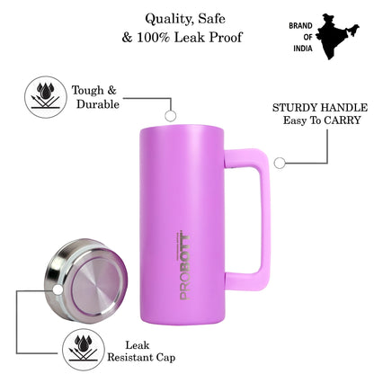 Probott Brew 380ml Travel Mug with Handle, Wide Mouth Tumbler, Pink Thermosteel Vacuum Insulated Thermos Flask | Hot and Cold