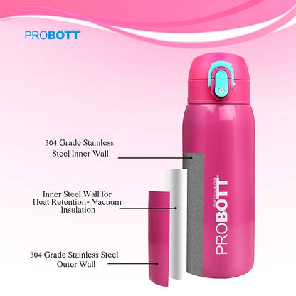 Probott Little 230ml Thermoses Vacuum Insulated Flask, Stainless Steel Water Bottle for Kids, Pink | One-Click-Open Leak-Proof Locking Flip Lid