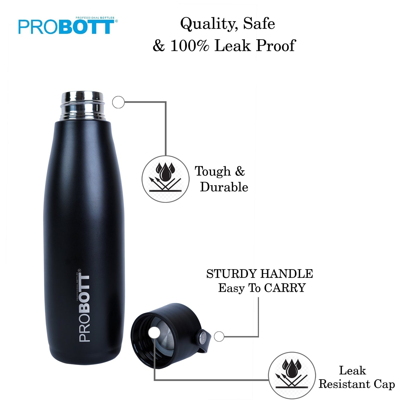 Probott Trendy 700ml Stainless Steel Water Bottles, Vacuum Insulated Flask Bottles, Black | Hot and Cold | Easy to Carry | Leak Proof