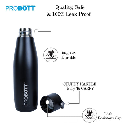 Probott Trendy 700ml Stainless Steel Water Bottles, Vacuum Insulated Flask Bottles, Black | Hot and Cold | Easy to Carry | Leak Proof