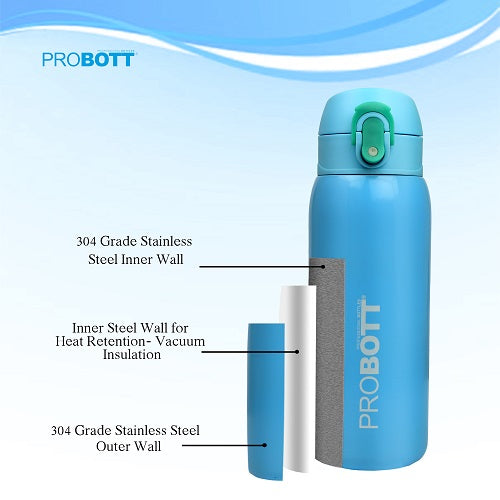 Probott Little 390ml Thermoses Vacuum Insulated Flask, Stainless Steel Water Bottle for Kids, Light Blue | One-Click-Open Leak-Proof Locking Flip Lid