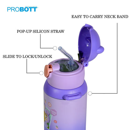 Probott Kidzy 500ml Water Bottle with Straw for 3-5 yrs Kids Sipper Bottle, Purple