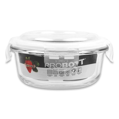 PROBOTT Vetroware Borosilicate Flip Clip Lunch Box Round Shape Set with Flat Bag, 400ml+400ml, 2-Pieces, Transparent PV 222-RF_Grey Bag