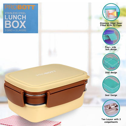 PROBOTT Double Decker 1300ml Stainless Steel Lunch Box, 2 Layers with 3 Grid, 1 Spoon Tiffin Box, Lid Made with Heavy Quality PP Material Perfect for School, Office Use | Cream