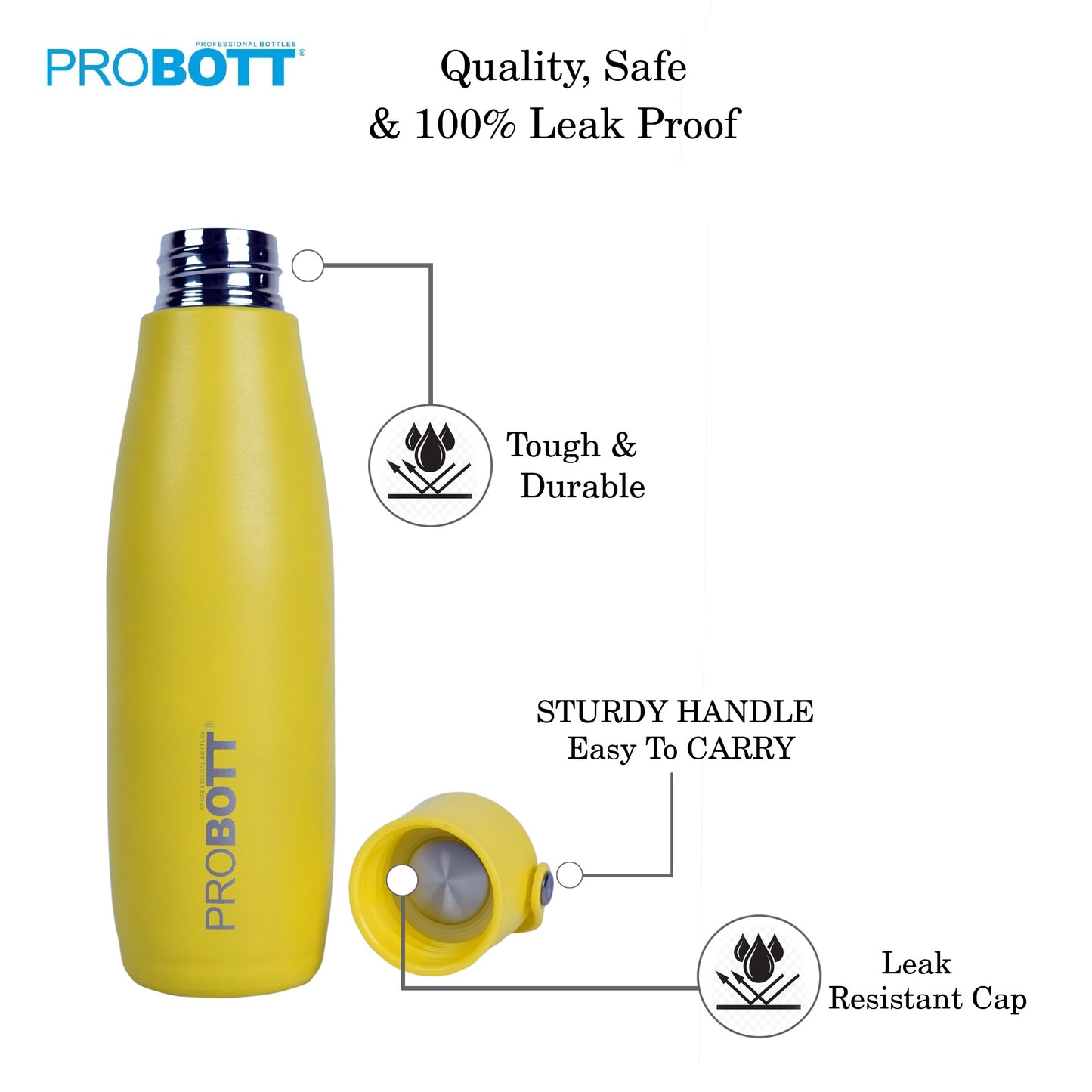 Probott Trendy 700ml Stainless Steel Water Bottles, Vacuum Insulated Flask Bottles, Yellow | Hot and Cold | Easy to Carry | Leak Proof