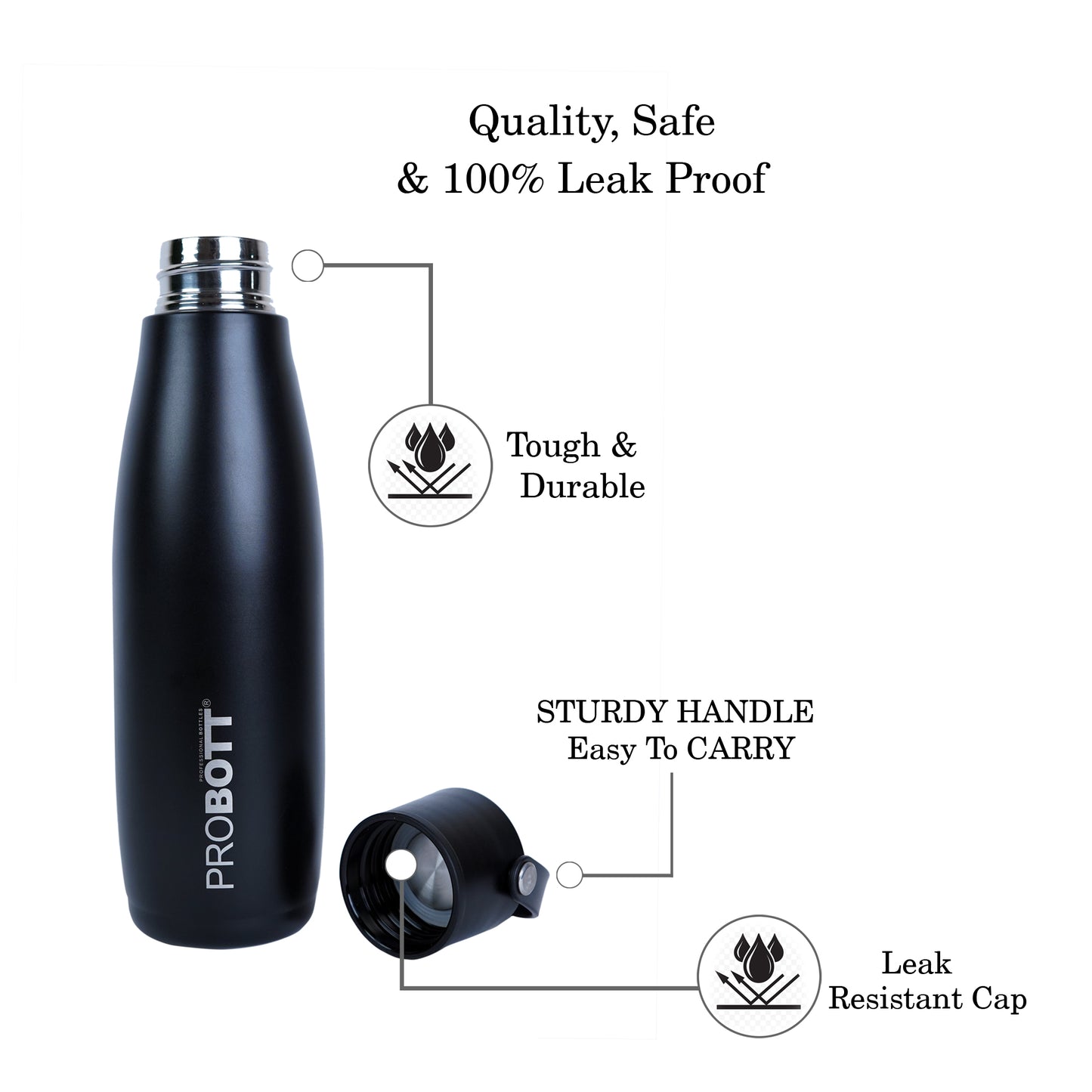 Probott Trendy 480ml Stainless Steel Water Bottles, Vacuum Insulated Flask Bottles, Black | Hot and Cold | Easy to Carry | Leak Proof