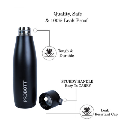 Probott Trendy 480ml Stainless Steel Water Bottles, Vacuum Insulated Flask Bottles, Black | Hot and Cold | Easy to Carry | Leak Proof