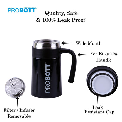 Probott Jazz 520ml Black Vacuum Insulated Mug Stainless Steel Coffee Flask, Travel Flask