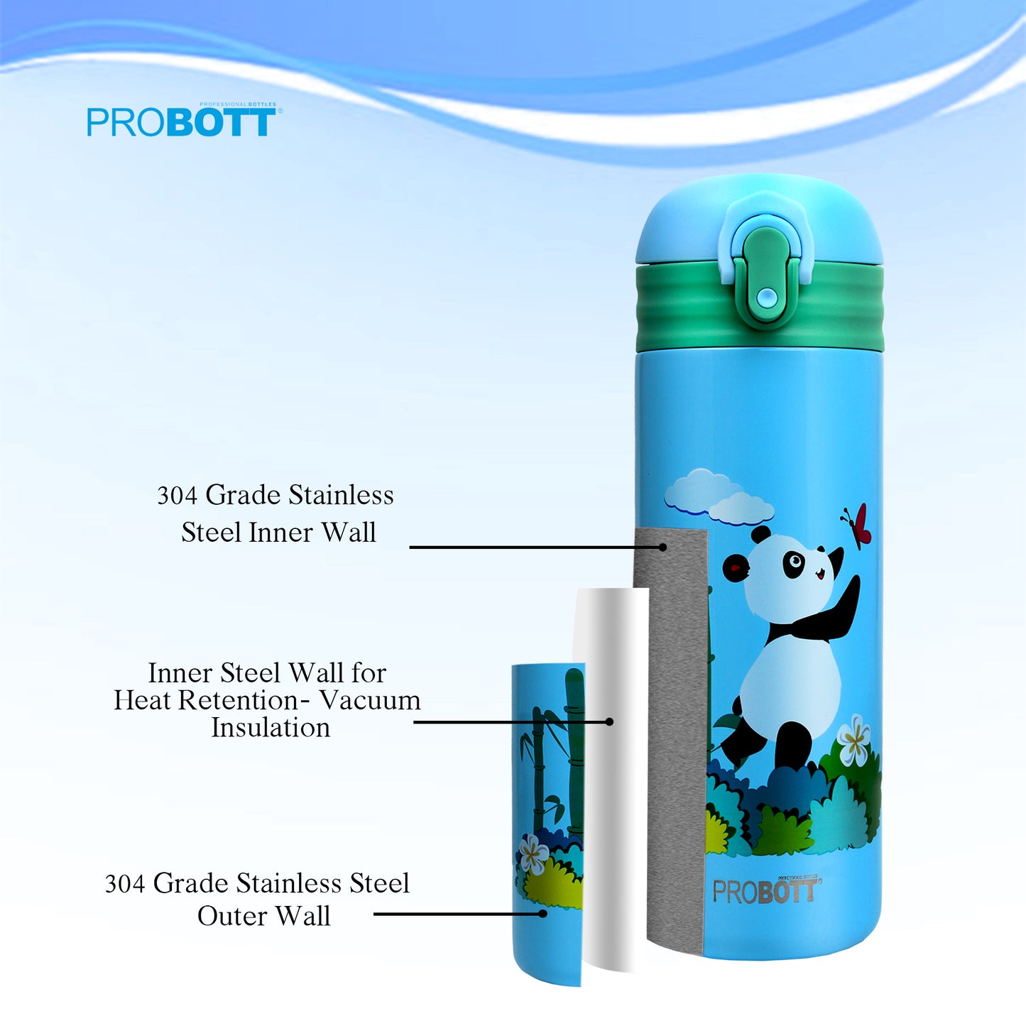 Probott Dazzle 400ml Stainless Steel Hot & Cold Sipper Water Bottle for Kids, Light Blue| Double Walled Vacuum Flask |Push Button With Locking System