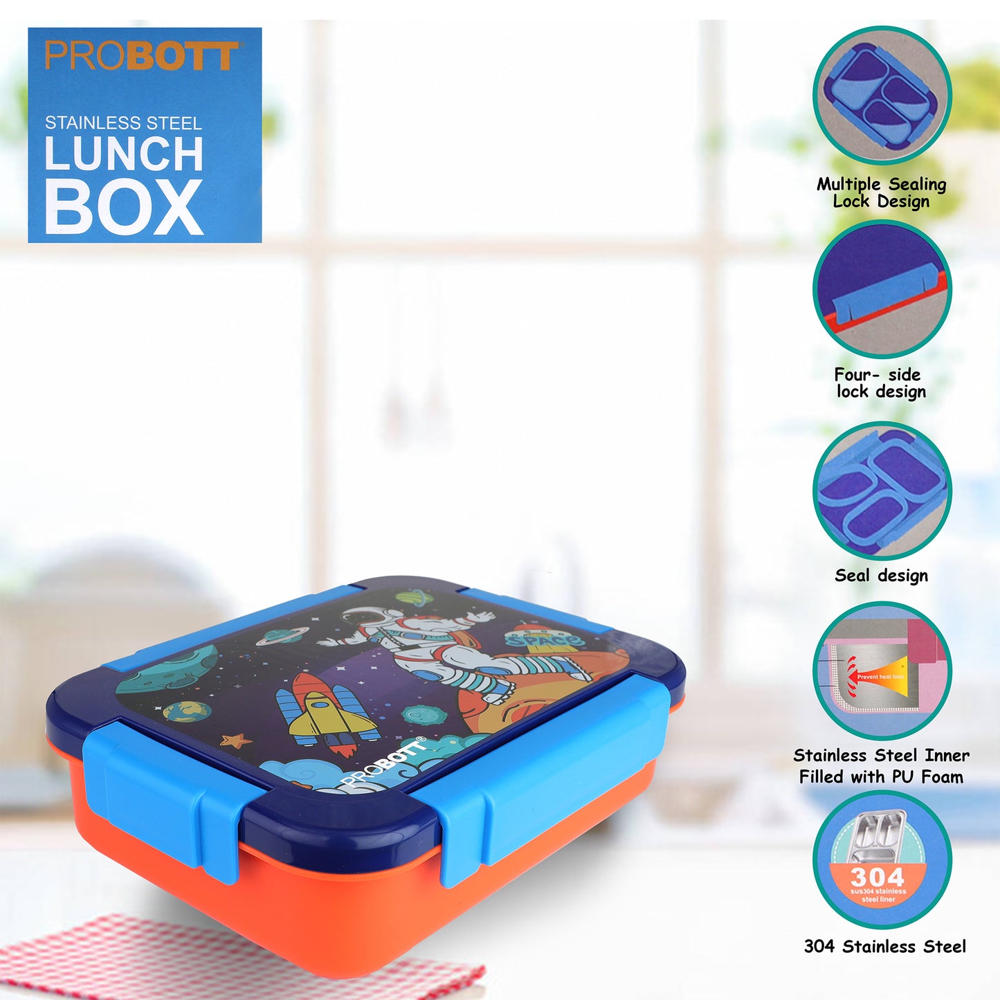 PROBOTT Lunch On 710 ml Stainless Steel Lunch Box, 3 Grid Tiffin Box, Character Lid PP Material Perfect for School, Office, Travel, Picnic | Blue+Orange