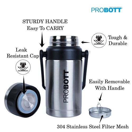 Probott Handy 1100ml Stainless Steel Hot & Cold Water Bottle, Vacuum Insulated Flask Bottles, Silver