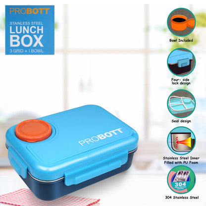 PROBOTT Fun Time 750ml Stainless Steel Lunch Box, 3 Grid with 1 Bowl Tiffin Box, Perfect for School, Office Use | Blue