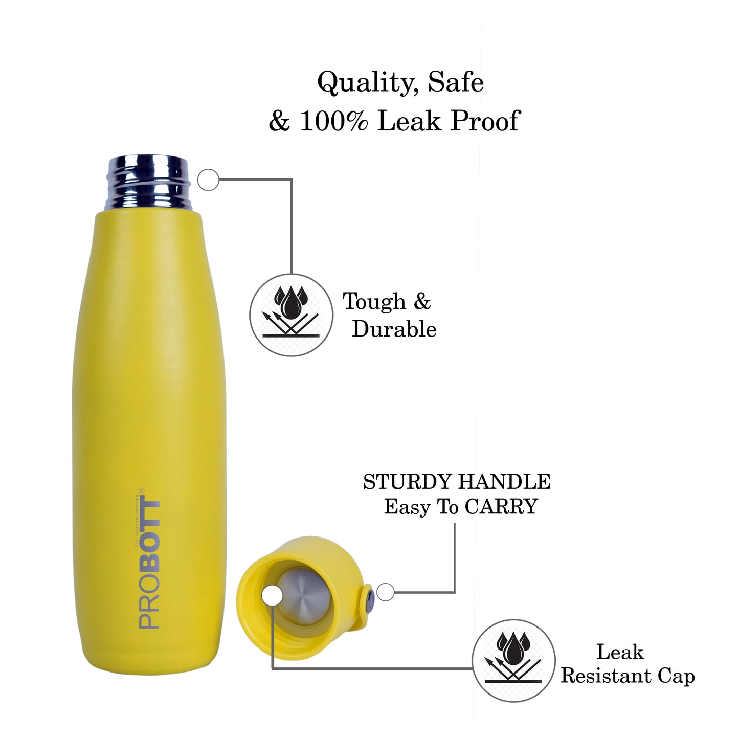 Probott Trendy 480ml Stainless Steel Water Bottles, Vacuum Insulated Flask Bottles, Yellow | Hot and Cold | Easy to Carry | Leak Proof