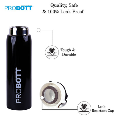 Probott Icon 1000ml Stainless Steel Hot and Cold Water Bottle, Vacuum Insulated Flask Sipper Bottle, Black