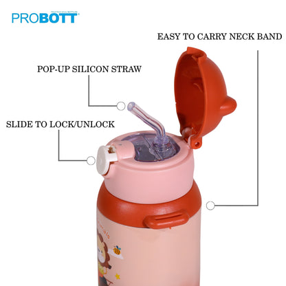 Probott Kidzy 500ml Water Bottle with Straw for 3-5 yrs Kids Sipper Bottle, Red