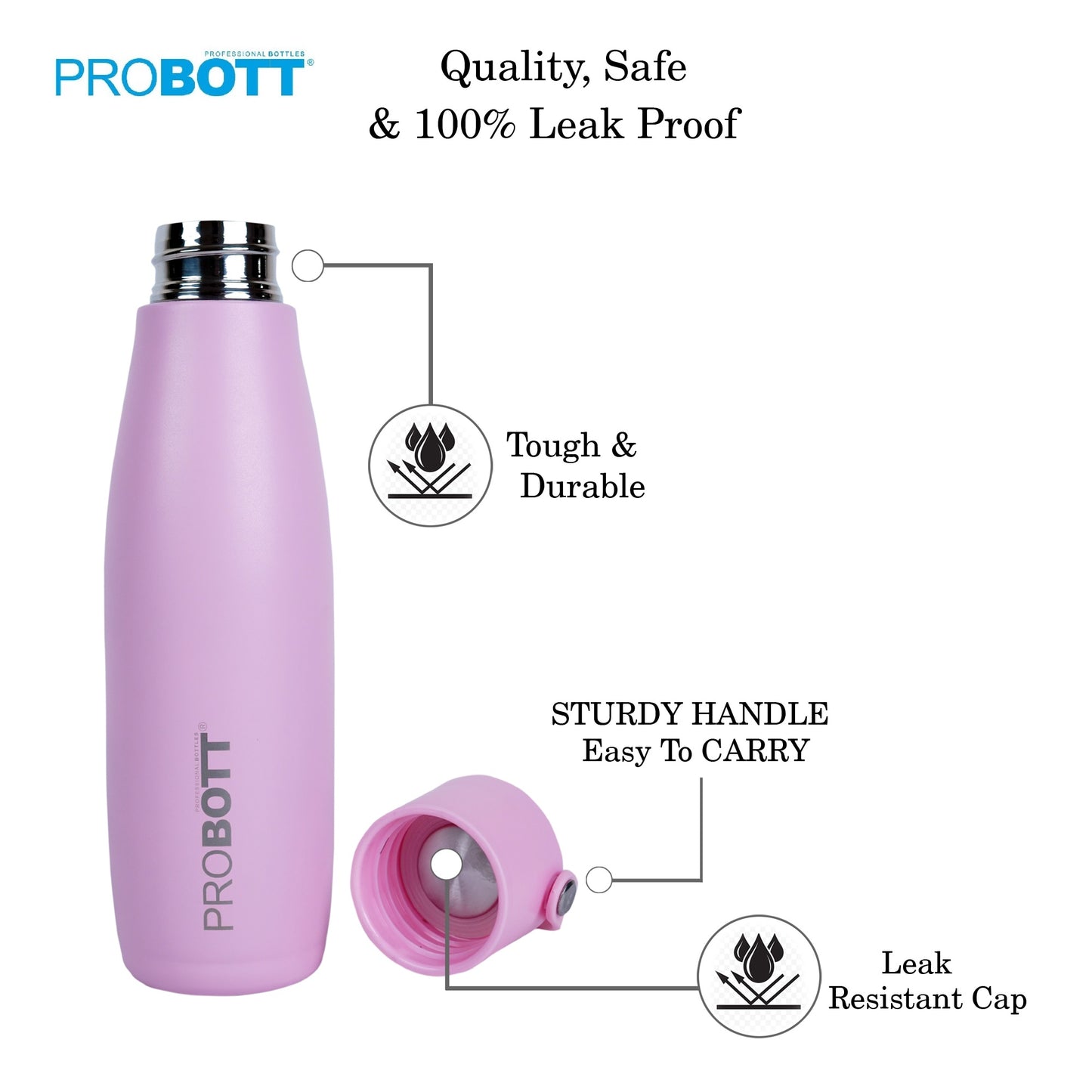 Probott Trendy 700ml Stainless Steel Water Bottles, Vacuum Insulated Flask Bottles, Pink | Hot and Cold | Easy to Carry | Leak Proof