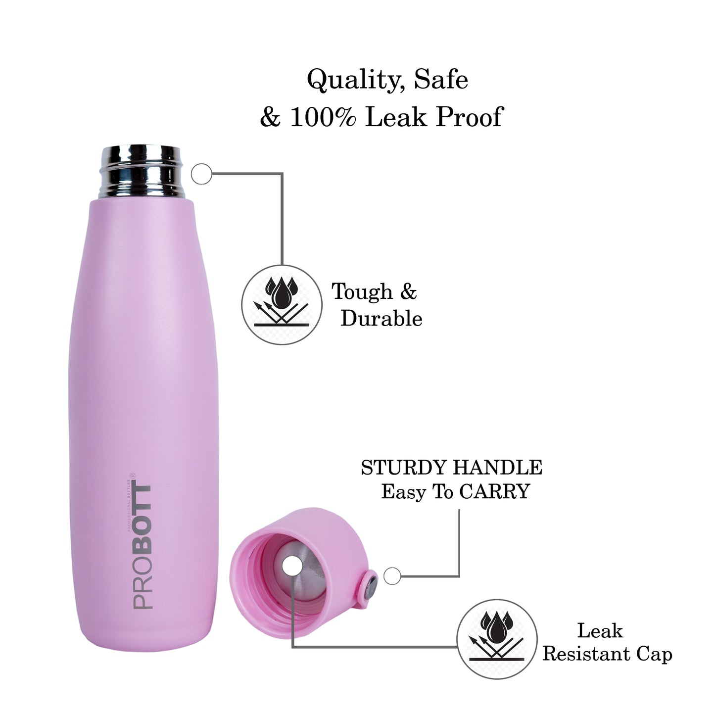 Probott Trendy 480ml Stainless Steel Water Bottles, Vacuum Insulated Flask Bottles, Pink | Hot and Cold | Easy to Carry | Leak Proof