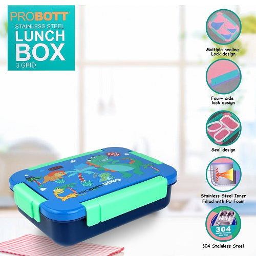 PROBOTT Lunch On 710ml Stainless Steel Lunch Box, 3 Grid Tiffin Box, Character Lid Made with Heavy Quality PP Material Perfect for School, Office Use | Blue+Dark Blue